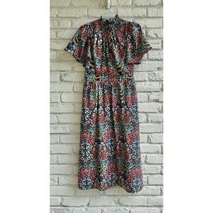 Julia Jordan Puff Sleeve Midi Dress Colorful Floral High Neck Size 4 Women's
